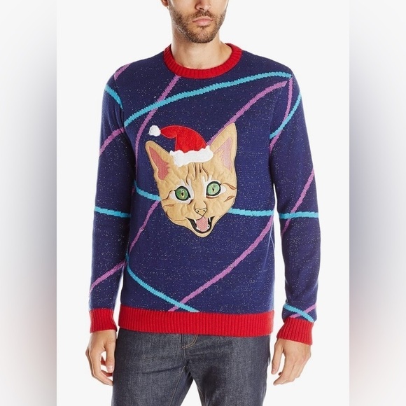 Blizzard Bay Men's Cat Ugly Christmas Sweater Light Up - Picture 1 of 12
